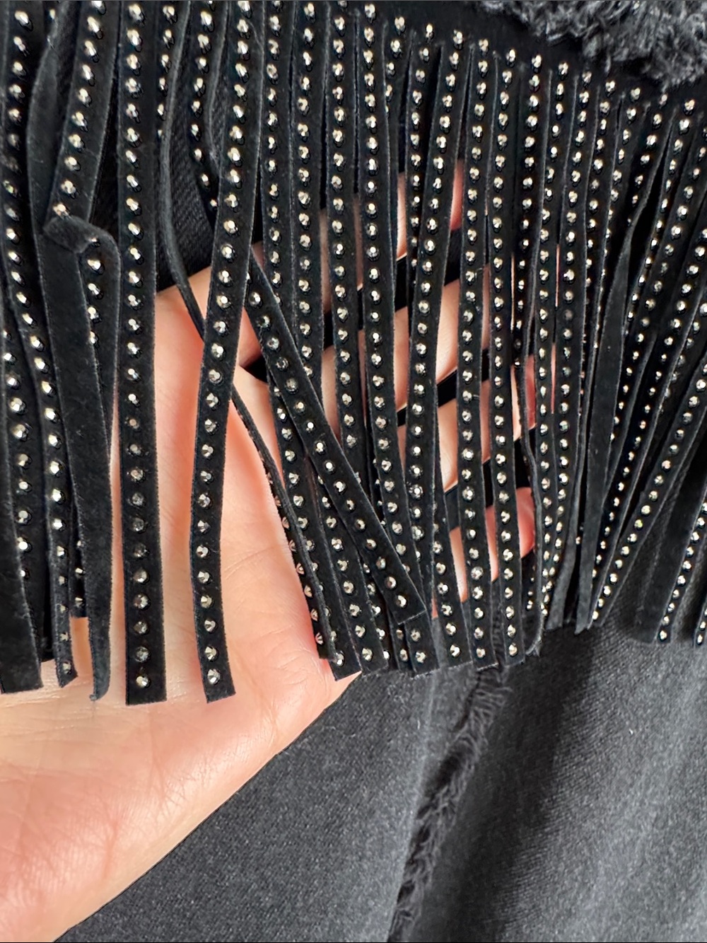 Zara Black Denim Rhinestone Fringe Oversized Jacket Size Small - Picture 9 of 15